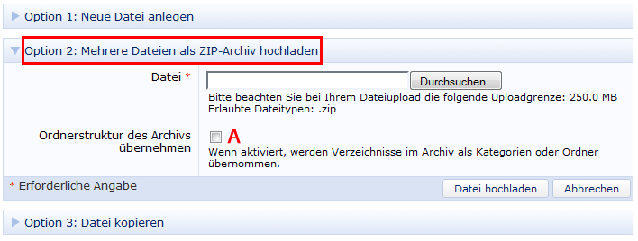 Falls Ihr gezippter Ordner weitere Unterordner mit Dateien enthält und Sie die bestehende Struktur gerne beibehalten würden, können Sie die Checkbox Ordnerstruktur des Archives übernehmen (A)