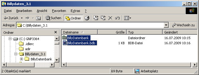 Eine Billy 3.x-Datenbank besteht immer aus einer Datei *.bdb (1kb) und einem gleichnamigen Verzeichnis (mit Unterverzeichnissen). Diese müssen für einen Aufruf in Billy 3.