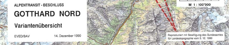 Gotthard Nord, Variantenvergleich (1990) Varianten der Linienführung 1. Variante Urnersee West: Der im See ca. 20 m unter der Oberfläche liegende Tunnel ruht auf ca.