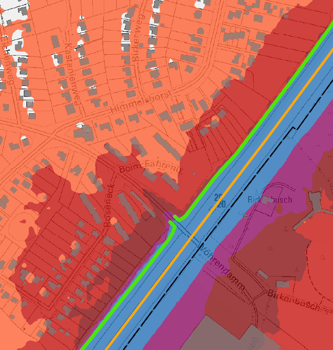 Abbildung 1: Belastete Gebäude an der Sieker Landstraße, Grenzeck, Bartelskamp und Alter Achterkamp, L DEN Weiterhin sind die Gebäude entlang der Straßen Wöhrendamm, Beim Fahrenberg, Roseneck und