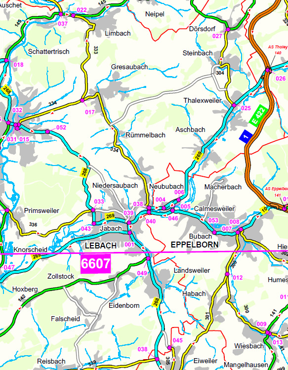 Abb. 1 Betroffene Straßenabschnitte in der Stadt Lebach Aus : Straßenkarte des Saarlandes - Bundesautobahnen, Bundesstraßen, Landstraßen Stand