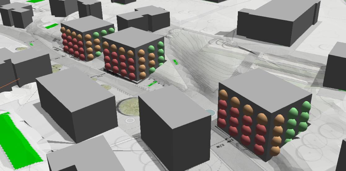 Machbarkeitsstudie Ein- und Umzonung Parzellen 1 und 43, Ballwil 8 Abbildung 5: Strassenverkehrslärm tags, 3D-Ansicht Legende: Planungswert ES III für Räume in Wohnungen und Betrieben eingehalten