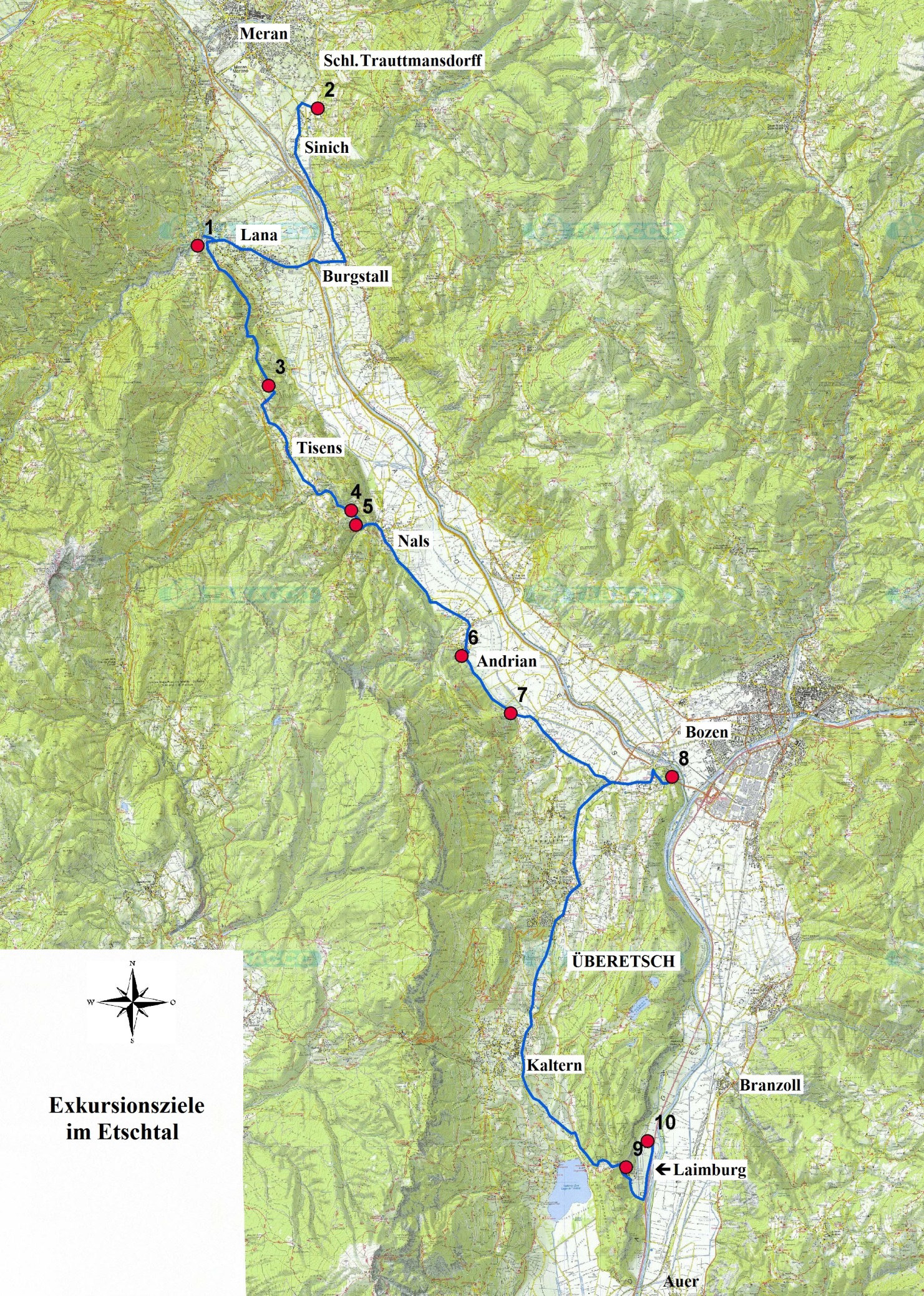 Programm der Exkursionen Stein und Wein in Südtirol und Trentino: (In der Regel Exkursionsdauer von 9 h bis max. 17.30 h. Mittagspause je nach Wetter u.