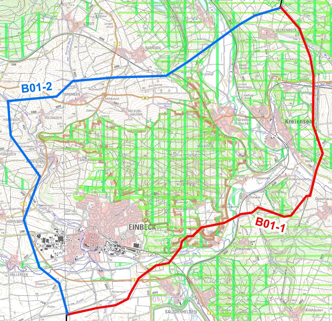 Variantenbereich B01 Einbeck / Erzhausen Schutzgut Landschaft B01-1: - Querung LSG Hube, Greener Wald und Luhberg (in Bündelung mit der bestehenden 110-kV-Leitung) - Querung von Vorbehaltsgebieten