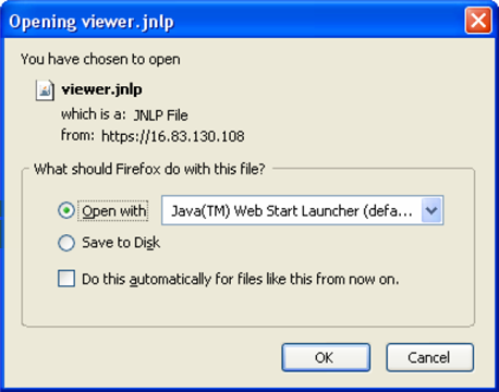 7. Wenn Java installiert ist, wird das nachstehende Dialogfeld angezeigt. Überprüfen Sie manuell die Dateiverknüpfung der.jnlp-datei mit Java Web Start Launcher. 8. Klicken Sie auf OK.