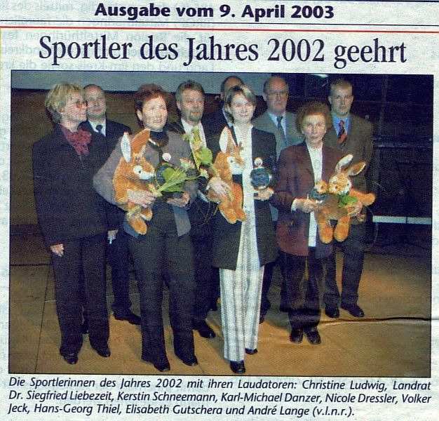 22.11.2002 17 Zum 12. Male ehrte die Stadt Gotha Ihre Sportler für herausragende Leistungen. Ausgezeichnet wurde Alana Scheper vom SV 06 Gotha als Deutsche Meisterin im Freiwasserschwimmen. 1.2.2003 Feengrottenpokal in SH Saalfeld - Am 1.