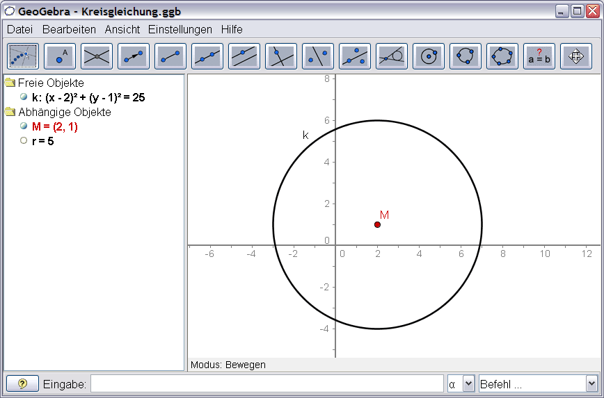 Beispiel 2: Kreisgleichung Kreisgleichung und Radius Zeichne mit GeoGebra den Kreis k: x² + y² = 25 und lass dir seinen Radius anzeigen. 1.