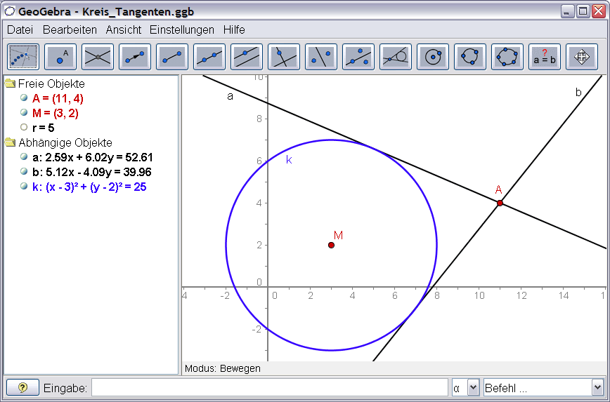Beispiel 3: Tangenten an einen Kreis Aufgabe: Konstruiere mit GeoGebra den Kreis mit Mittelpunkt M = (3,2) und Radius r = 5 und lass dir die Tangenten an den Kreis durch den Punkt A = (11, 4)