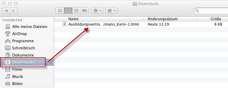 Speichern mit Safari unter MacOS X: Nach dem Klick auf Speichern findet man die Datei entweder im