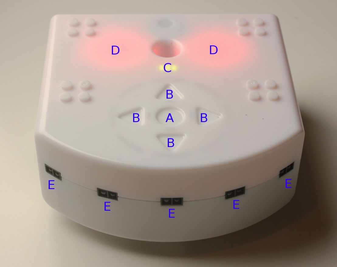 Kapitel 1 Dein erstes Robotikprojekt Lerne Thymio kennen Das Bild 1.1 zeigt den Roboter von vorne. Oben sieht man einen runden Knopf in der Mitte (A) und die vier Richtungsknöpfe (B).