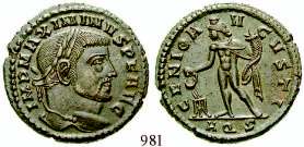 967 Constantius I., Caesar, 293-305 AE-Follis 28 mm 303-305, Lyon. Büste l. mit Lorbeerkranz CONSTANTIVS NOB C / GENIO POPVLI ROMANI Genius hält Schale und Füllhorn, Mzz.Leuchtturm-B/PLC. RIC 179a.