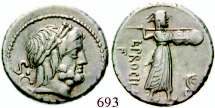 670 Denar nach 211 v.chr., Rom. 3,63 g. Romakopf r., dahinter X / ROMA Dioskuren reiten r. Cr.44/5. ss+ 280,- 671 Anonym, 211 v.chr. Quinar, Rom. Romakopf, dahinter V / Dioskuren reiten r.