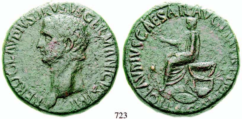 710 Octavian und Divus Caesar, 44-27 v.chr. AE-As nach 38 v.chr. 13,73 g. Kopf Octavians r. CAESAR - [DIVI F] / DIVOS - [IVLIVS] Kopf Caesars r. Cr.zu 535/1; RPC zu 620. dunkelbraune Patina, f.