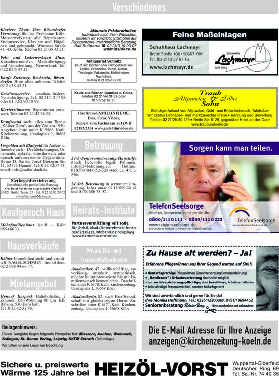 KLEINANZEIGEN 22 Kirchenzeitung für das Erzbistum Köln
