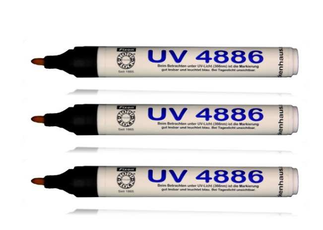 UV permanent Tinte zum Kennzeichnen, Beschriften, Bemalen von fast allen Materialien Beim Betrachten unter UV-Licht ist die Markierung gut blau leuchtend zu erkennen. Bei Tageslicht unsichtbar.