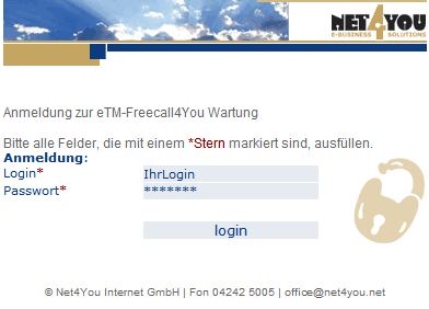 Oben befindet sich das Menü, mit dem Sie durch das etm Freecall4You-System