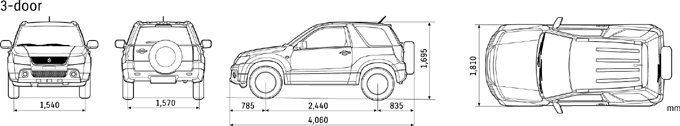 Suzuki Grand Vitara: Technische Daten Grand Vitara 1.6, 3-Türer, 4-Sitzer, 5MT Grand Vitara 2.4, 3-Türer, 4-Sitzer, 5MT Grand Vitara 2.4, 3-Türer, 4-Sitzer, 4AT Grand Vitara 1.
