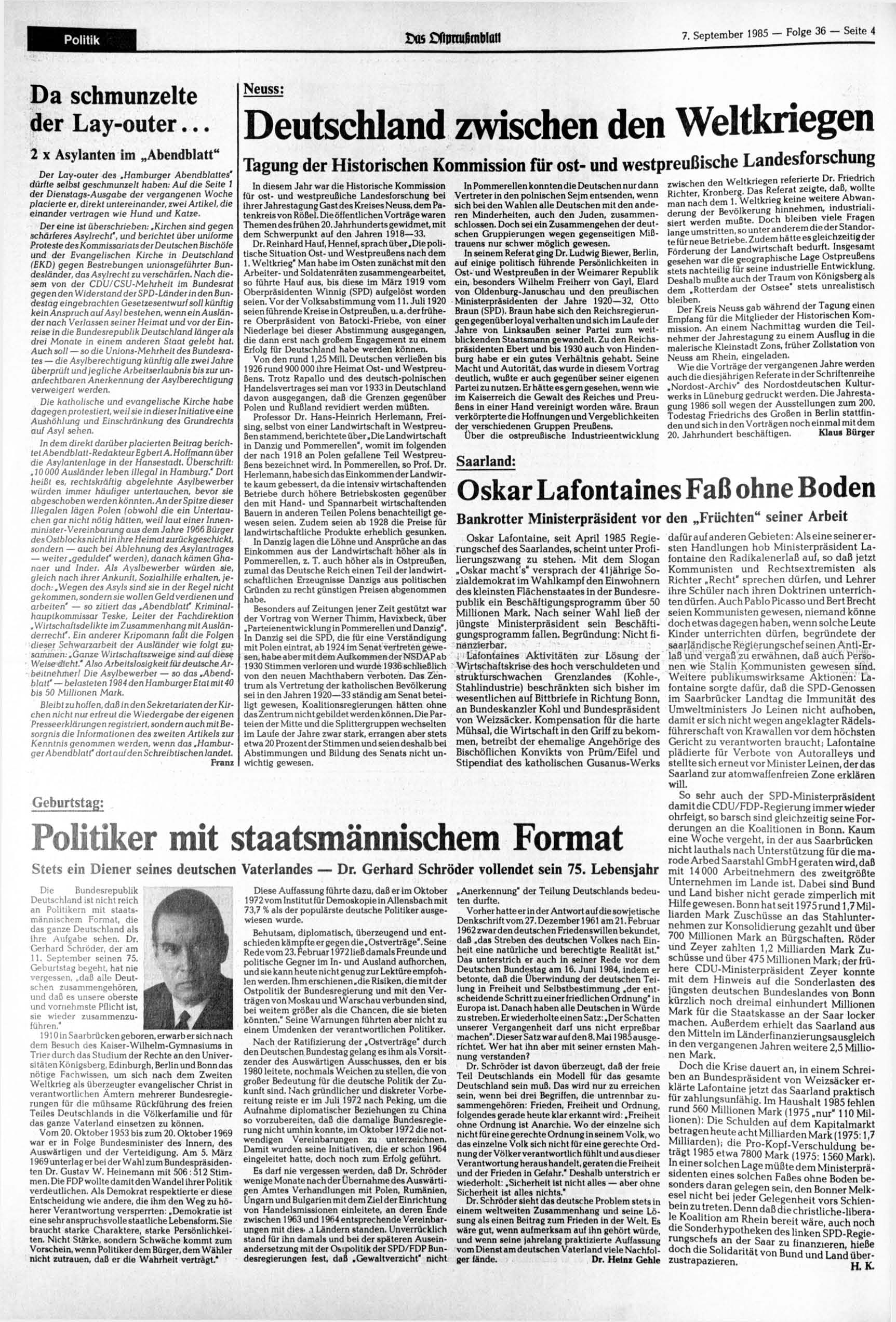 Politik 3Ms f!rmufimblqit 7. 1985 - Folge 36 - Seite 4 Da schmunzelte der Lay-outer... 2 x Asylanten im Abendblatt" Der Lay-outer des.