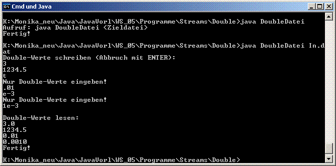 public static void main( String[] args) DoubleDatei daten = new DoubleDatei(); File datei = new File( args[ 0]); System.out.print( "Double-Werte schreiben "); System.out.println( "(Abbruch mit ENTER): "); daten.