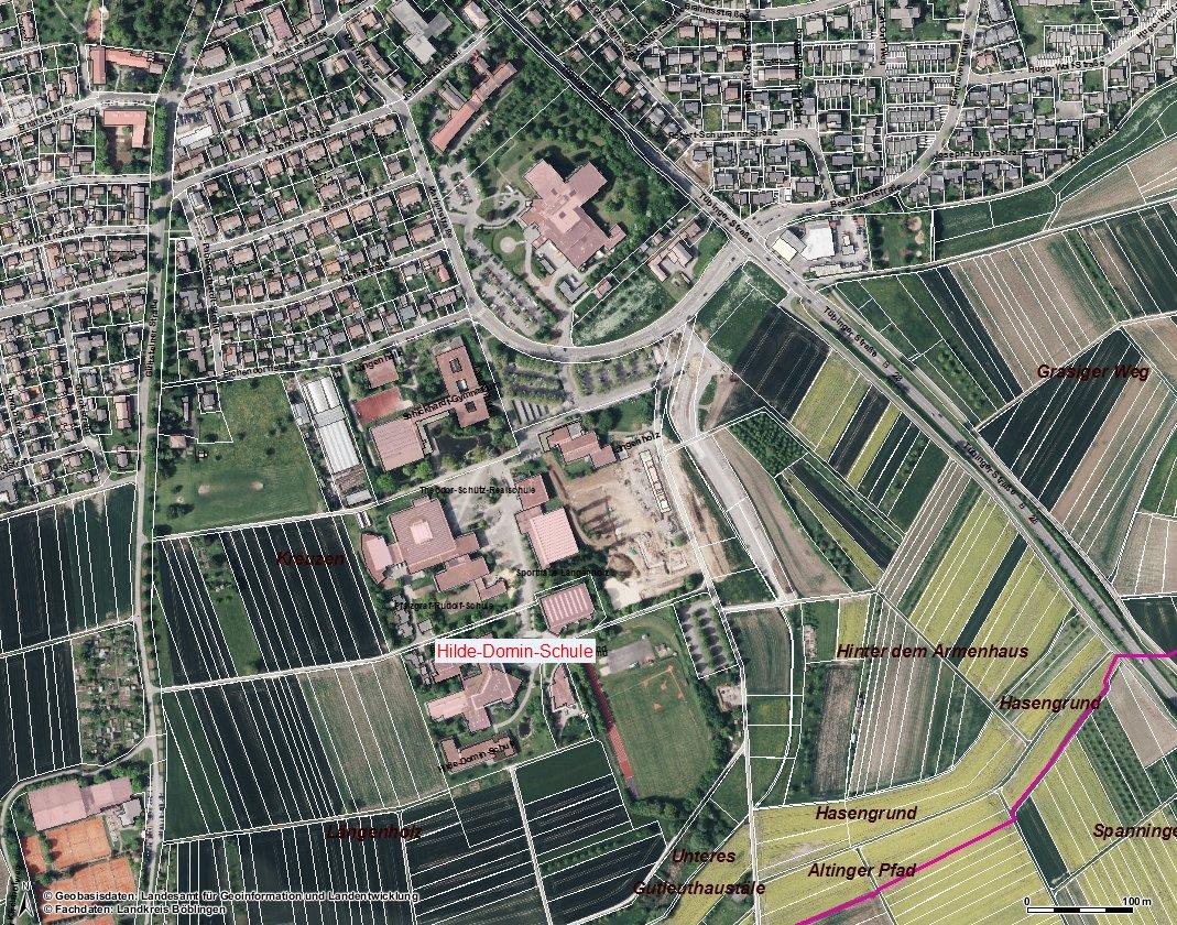 Standort Maßstab 1:4000 Die Hilde-Domin-Schule befindet sich im Süden des Landkreises Böblingen an der Landkreisgrenze zu