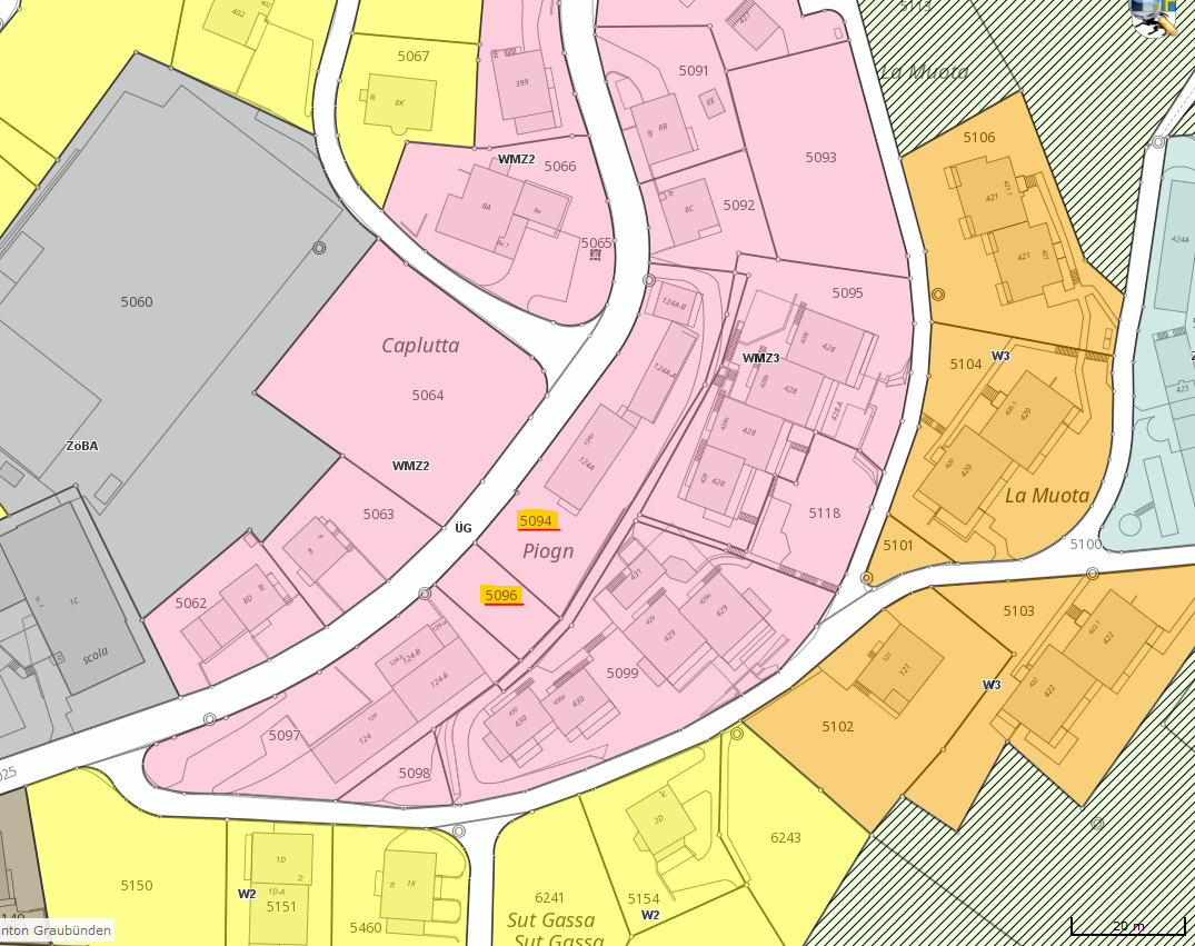 Katasterplan Liegenschaft Nr. 5094 / 5096 Baugesetz und Zonenplan Zone Wohnmischzone 3 Überbauungsziffer ÜZ* 0.35 Fassadenhöhe 9.00 m Gesamthöhe 12.00 m Max. Gebäudelänge 18 +/- 3 m Max.