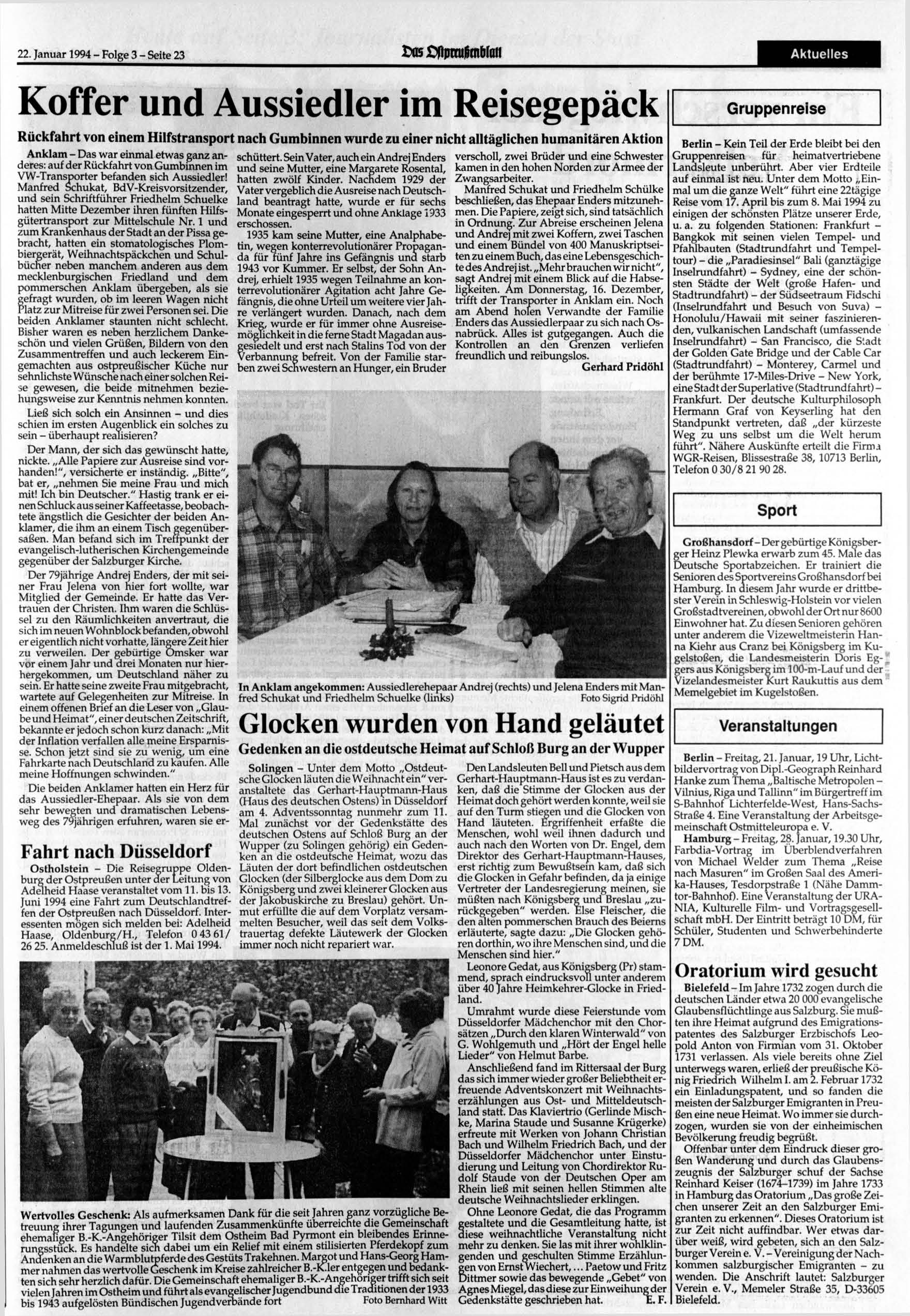 22. Januar 1994 - Folge 3 - Seite 23 Aktuelles Koffer und Aussiedler im Reisegepäck Rückfahrt von einem Hilfstransport nach Gumbinnen wurde zu einer nicht alltäglichen humanitären Aktion Anklam - Das