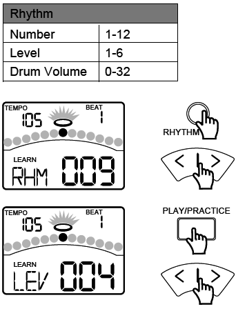 Halten Sie die Taste PAGE/SELECT für eine Sekunde gedrückt um das elektronische Schlagzeug in den Lernmodus zu versetzen.