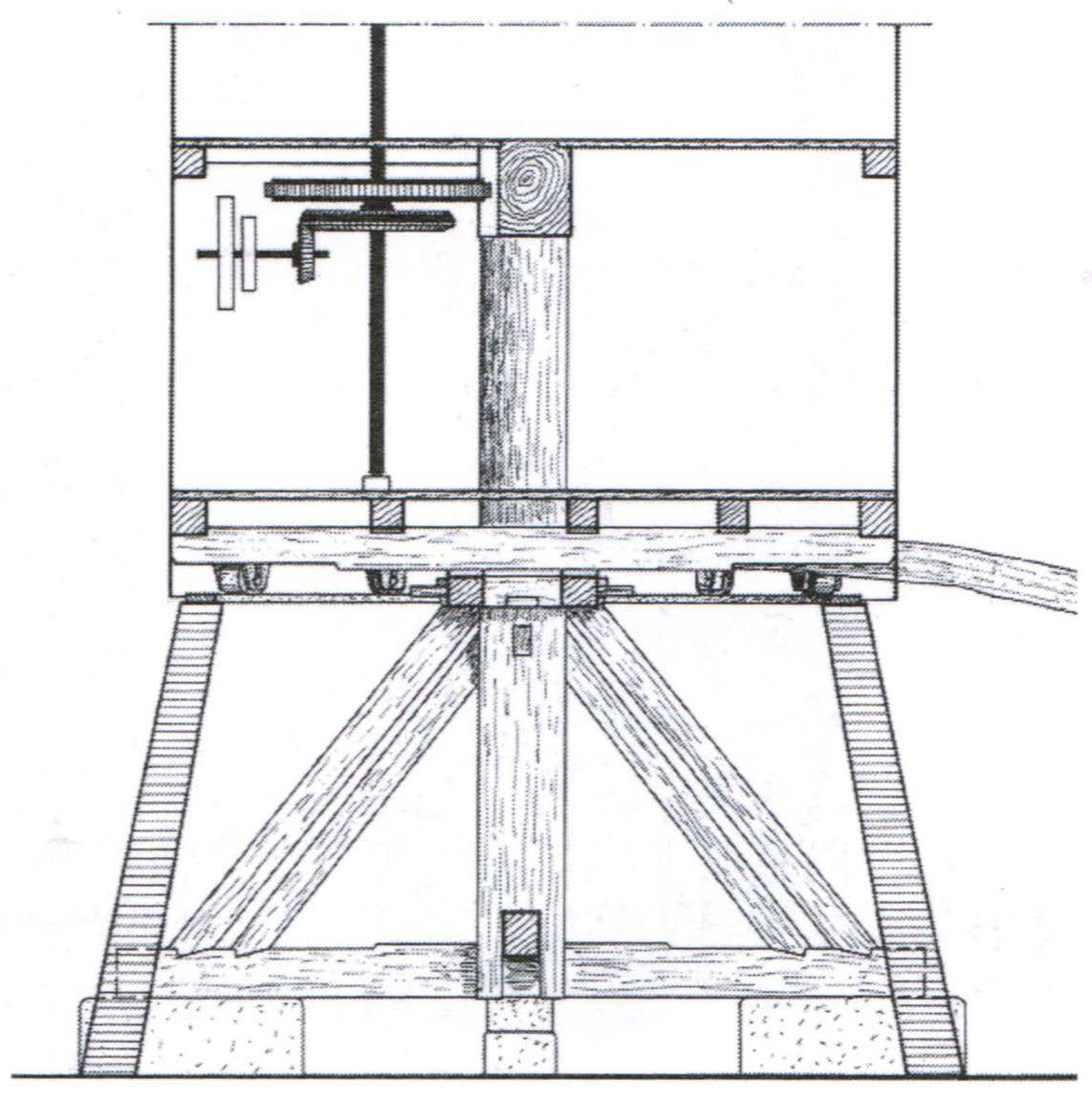 Mühle herausstehenden Ende befindet sich das Mühlenkreuz, an welchem die Mühlenflügel befestigt sind. Innerhalb der Mühle trägt sie das Kammrad.