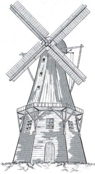 8.1: Holländer mit Windrose (Schnelle 1999: S. 24) 8.2: Galerieholländer (ebd.) Abbildung 8: Holländerwindmühlen anfangs mittels Steert (vgl. Kapitel 2.2.2), wobei dieses Verfahren später durch die Windrose ersetzt wurde.