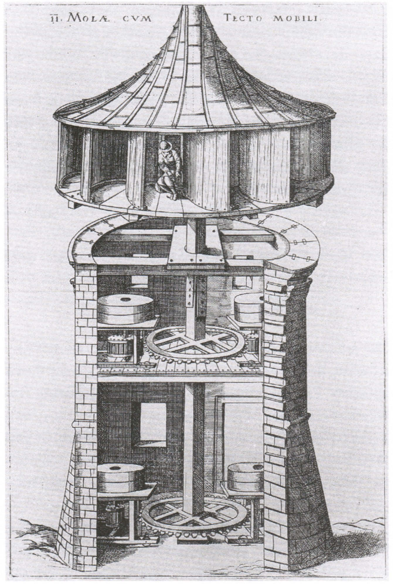 Abbildung 2: Horizontalwindmühle mit 4 Mahlgängen, Kupferstich aus Veranzio: Machinae Novae (Mager et al. 1988: S.