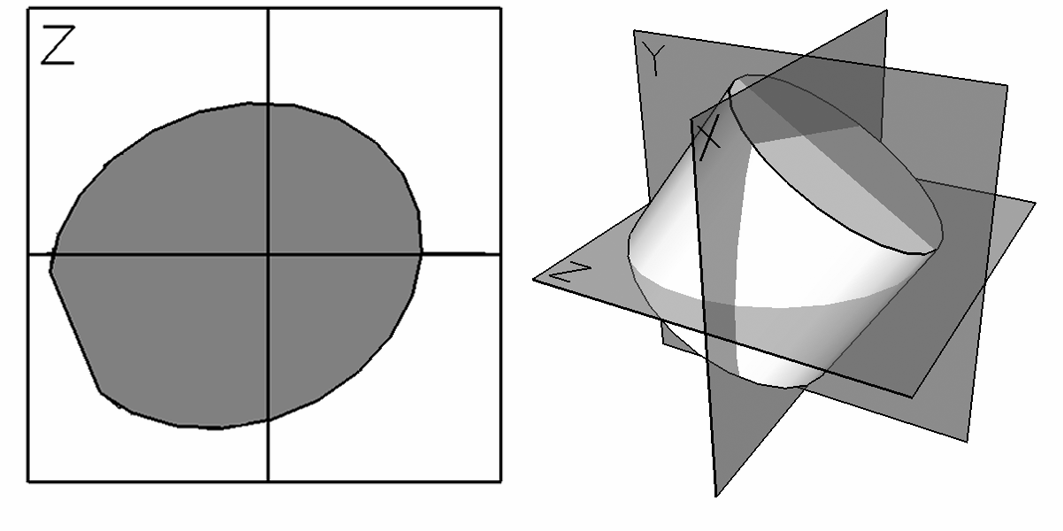 Abbildung 2.4.2 Darstellung der Schnittebenen (X, Y, und Z) in 3DX. Das Volumen wird in drei orthogonal zueinander stehenden Ebenen gleichzeitig dargestellt.