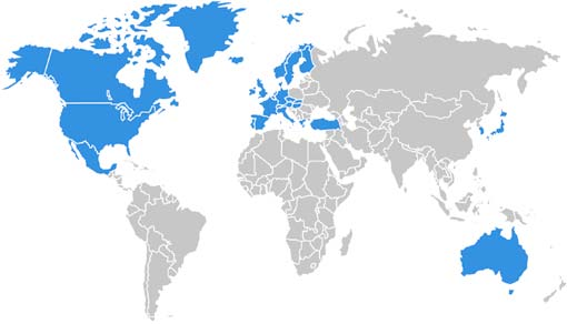 OECD Kernenergieagentur (NEA) Mitgliedstaaten Kanada, Mexiko, Vereinigte Staaten; EU-15, Island, Norwegen, Schweiz, Slowakei, Tschechien, Türkei, Ungarn; Australien, Japan, Korea n n.