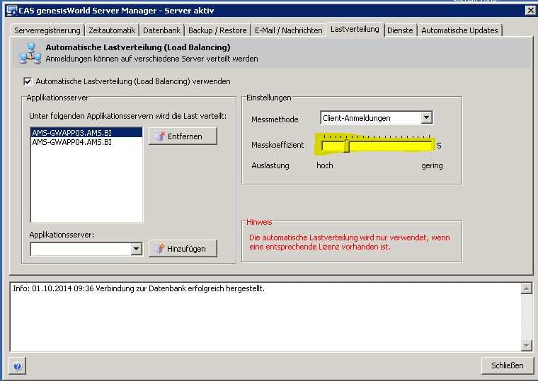 Loadbalancing mit CAS genesisworld - Beispiel Lastverteilung im Server Manager von gwapp2 öffnen. Automatische Lastverteilung aktivieren Messmethode auswählen (z.b. Clientanmeldungen) Messkoeffizient auf 5 einstellen Server Manager schließen Alle Nutzer melden sich immer an gwapp1 an.