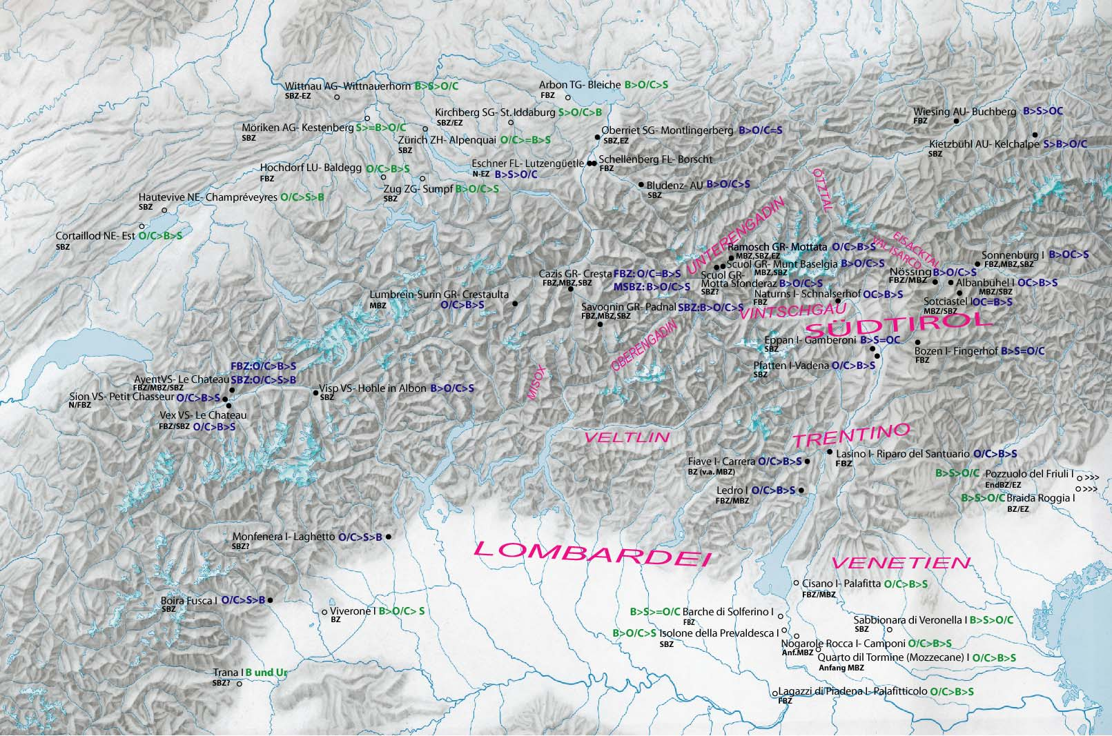 1 cm entspricht 23 km Karte II: Vergleichssiedlungen. Stumme Karte der Alpen aus Tiroler Atlas. Ausgefüllte Kreise (bzw.