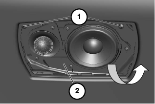 Mitteltonlautsprecher hinten ausbauen (in Formhimmel) Lautsprecherabdeckung (1) an den Punkten (2) mit Spezialwerkzeug 00 9 341 bzw. einer stabilen Plastikkarte ausheben.