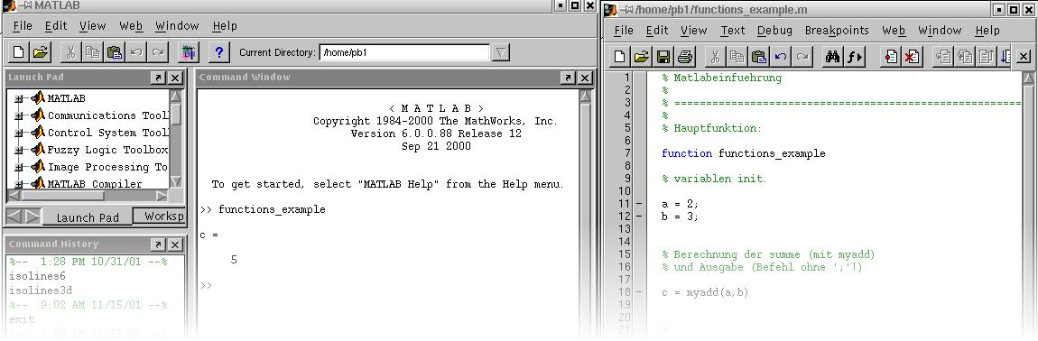 Starten der Matlab-Umgebung Matlab 5 (externer Editor, z.b. nedit) mycomputer: /work > nedit example.