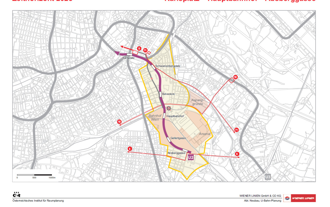 Anbindung U2 an Hauptbahnhof Stadt Wien: vorgeschlagene Anbindung ausreichend auch vom ÖIR untersucht: die U2 zum Hauptbahnhof ergibt wenig zusätzliche Erreichbarkeitsvorteile (Parallelführung zu