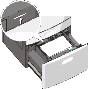 4 Legen Sie das Papier mit der Druckseite nach oben in das Fach ein. Hinweis: Stellen Sie sicher, dass der Papierstapel nicht über die Füllstandslinie am Rand des Papierfachs hinausragt.