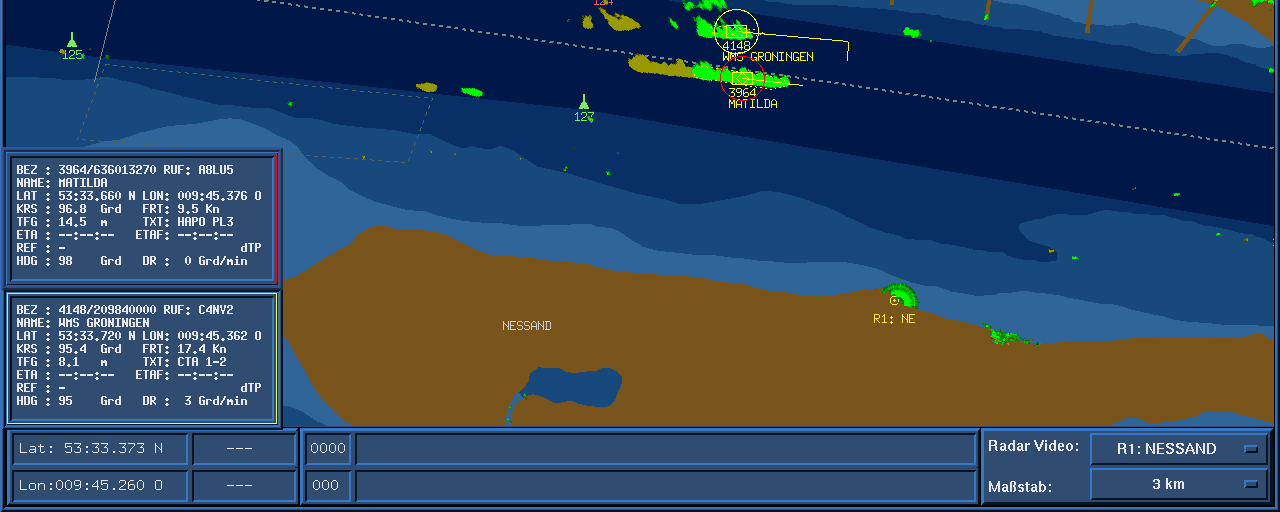 5.2.2 Radarbilder von HPA Der weitere Fahrtverlauf und die Überholung des nächsten Schiffes, der MATILDA, wurde von der Nautischen Zentrale der Hamburg Port Authority aufgezeichnet: Abbildung 6: Plot