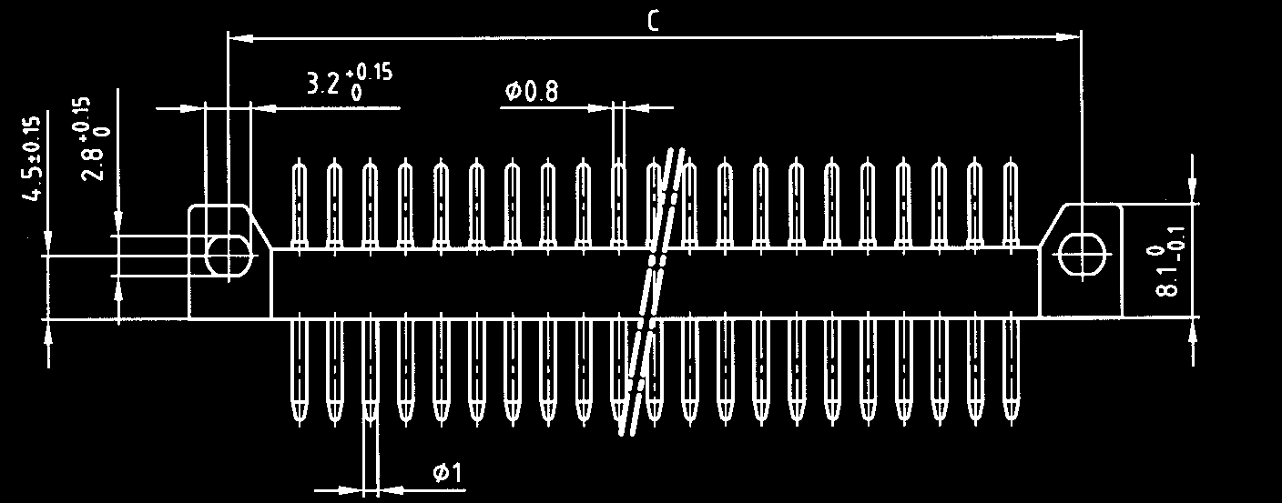 Stiftleiste mit geraden Einlötstiften Anschlußraster 3,8 und 5,0 mm Male connector with straight solder pins Contact spacing.150 and.197 Leiterplattenbohrbild PCB-hole pattern pos.
