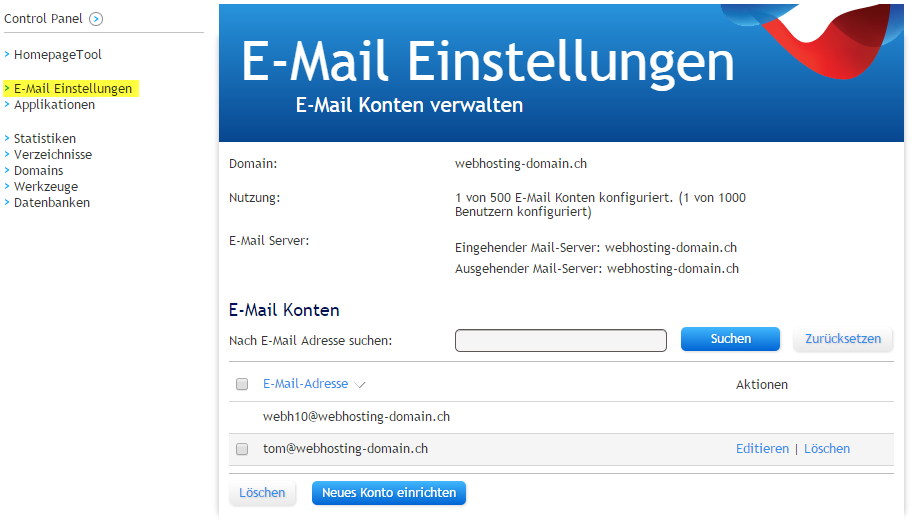 2.4 E-Mail Verwaltung Unter dem Register E-Mail Einstellungen können Sie E-Mailadressen hinzufügen und verwalten. Ihre Emailnachrichten können Sie unter ihredomain/webmail (http://ihre-domain.