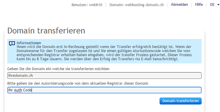 Sie möchten Ihre extern gehostete Domain zu uns transferieren? Kein Problem! Ab jetzt können Sie problemlos Ihre Domain mit den Endungen.ch /.li /.com /.net /.info /.biz. /.org /.