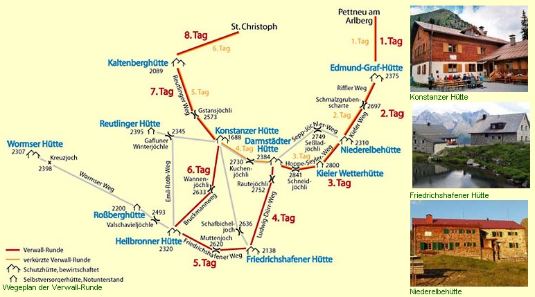 Die vorgeschlagene Verwall-Runde ist eine 8tägige Trekkingtour durch das gesamte Verwallgebirge mit den Hüttenstützpunkten Edmund-Graf-Hütte, Niederelbehütte, Darmstädter Hütte, Friedrichshafener
