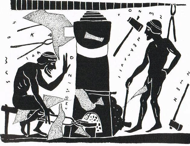 Griechisches Vasengemälde des 6. Jhs. v. Chr., zeigt vermutlich die Entnahme der Eisenluppe nach Aufbrechen der Ofenröhre (aus R.