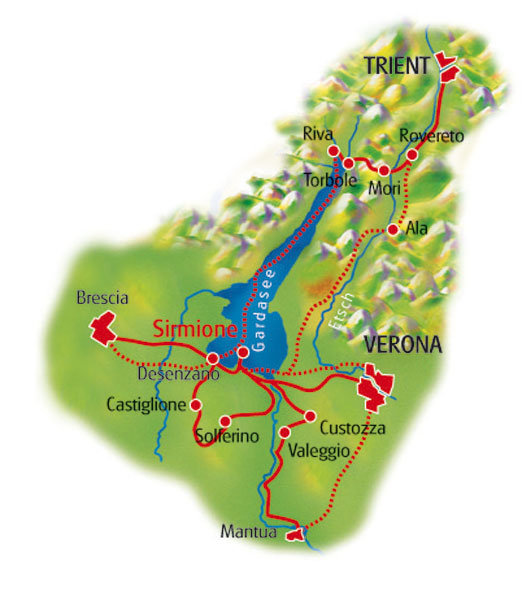 - Weinanbaugebiete des Lugana und Custozza - Die Arena in Verona mit dem Rad umrunden Die Strecke ist flach bis leicht hügelig. Sie fahren auf Radwegen, Nebenstraßen und manchmal auch auf Feldwegen.