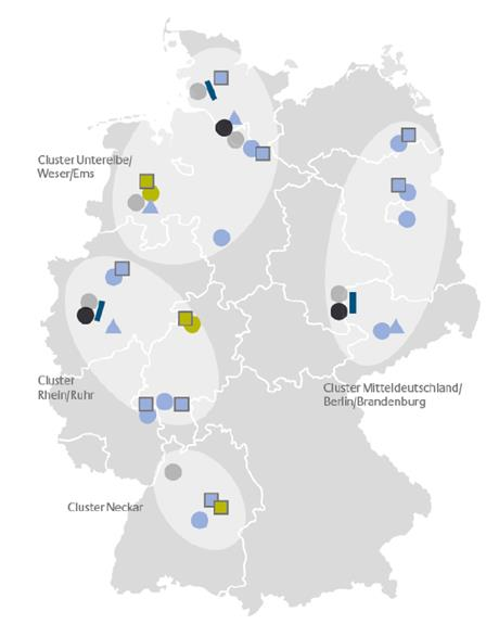 Cluster-Region Unterelbe / Weser / Ems. Wirtschaftsstrukturen: Chemieindustrie, Raffinerien. Metropolregion Hamburg mit hohem Verkehrsaufkommen.