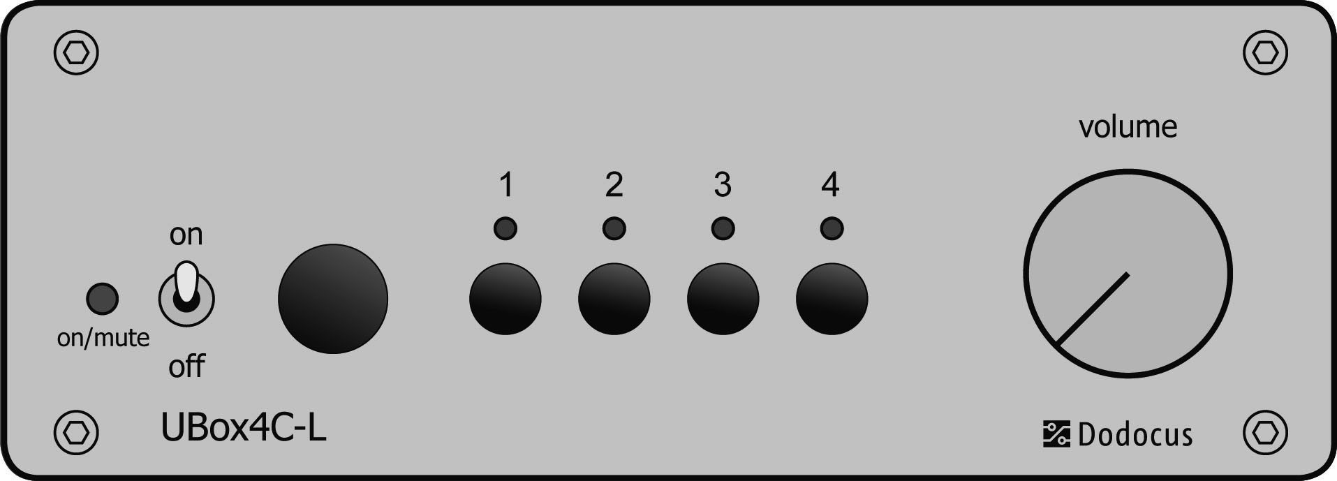 Bedienung Lautstärke Ein/Aus Eingangswahl Ein = leuchtet Mute = blinkt Mit dem Schalter an der linken Seite der UBox4C-L wird das Gerät eingeschaltet.