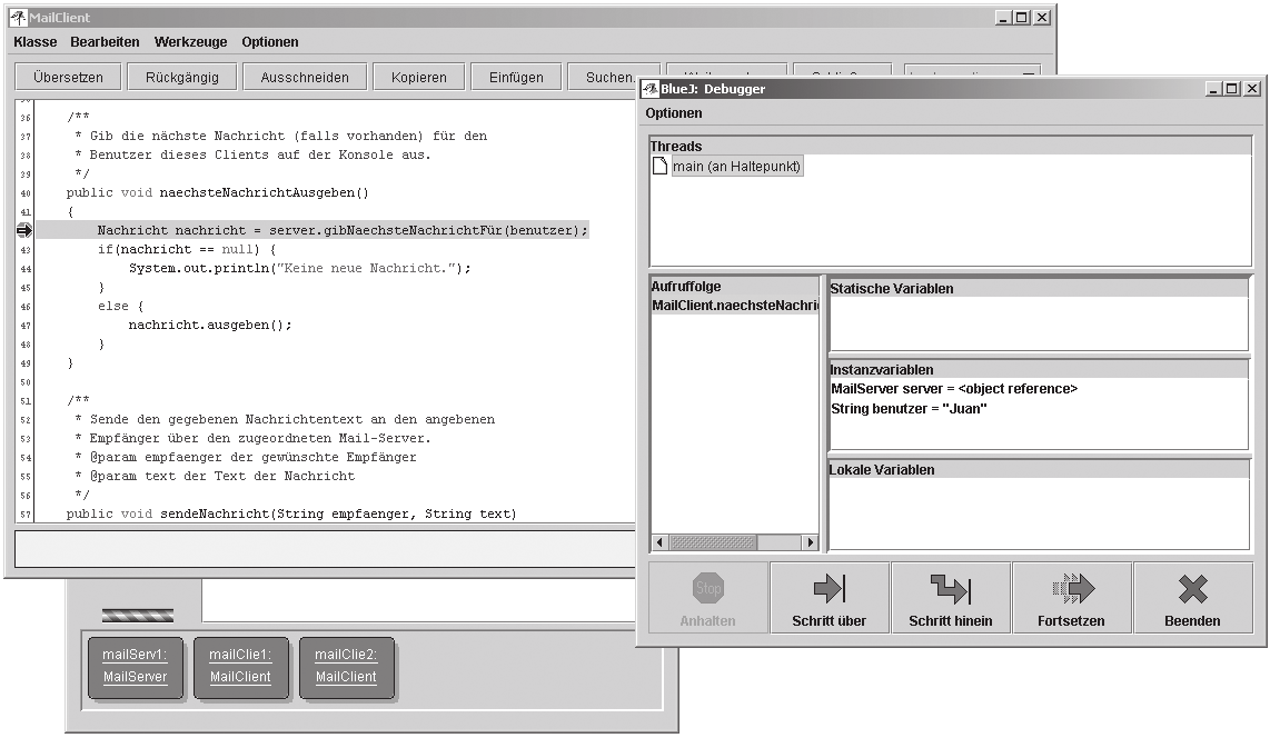 116 Kapitel 3 Objektinteraktion Abbildung 3.6: Das Debugger-Fenster, Ausführung gestoppt an Haltepunkt Am unteren Rand des Debugger-Fensters befinden sich einige Kontrollknöpfe.