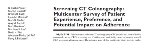 Performance: ACRIN Multicenter trial Performance und Variabilität Accuracy of CT Colonography for Detection of Large Adenomas and Cancers Johnson, Daniel et al, New England Journal of Medicine.