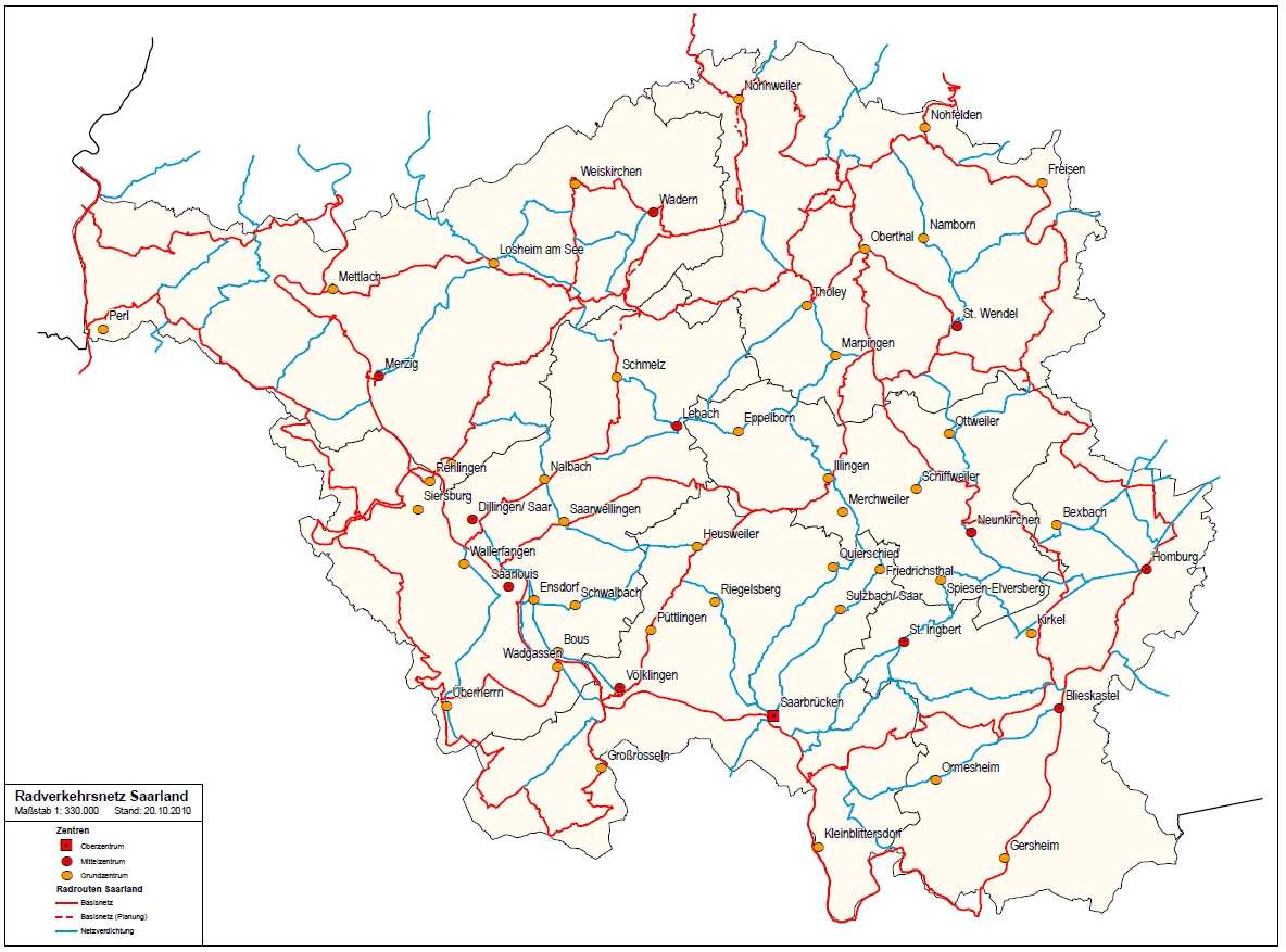 PGV Landesradverkehrsplan Saarland 31 Im Kontext mit dem Basisnetz (westlicher Primstal-Radweg) wird der Verdichtungsraum an der Saar von Dillingen über das Mittelzentrum Lebach (nicht am Basisnetz